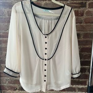 Sheer Cream Button Tuxedo Blouse with Black Accents